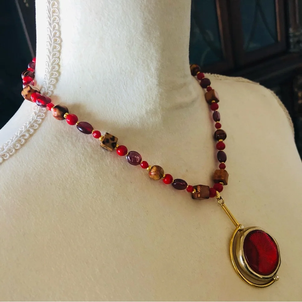 Handcrafted repurpose mixed bead crackle pendant Czech glass Pearl necklace